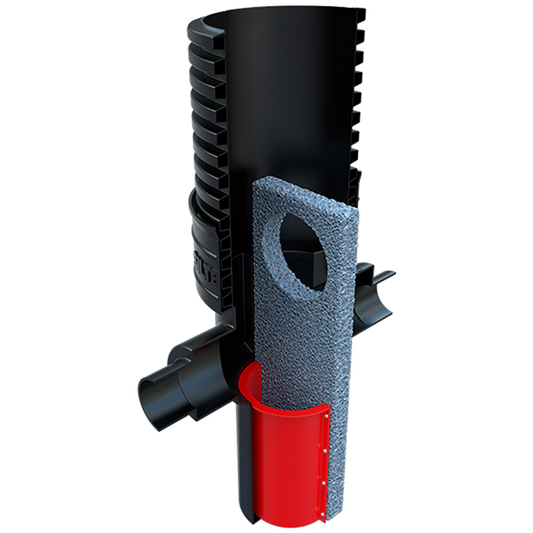 The 300 Series SILTBLOK has a 300mm diameter chamber as well as 110mm or 160mm EN 1401 main channel socket connections.