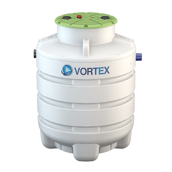 6 person Vortex sewage treatment plant with gravity outlet, suitable for use of up to 6 people. This tank includes an alarm on the lid to signal air blower failure. Ideal for areas with a high water table. Rotationally moulded.