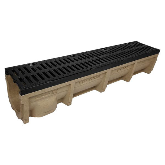 Polycon 8LOX-200 channel drain with F900 load capacity, featuring concrete resin body & ductile iron oval grip grating, ideal for surface water management in depots, petrol stations, & airports.