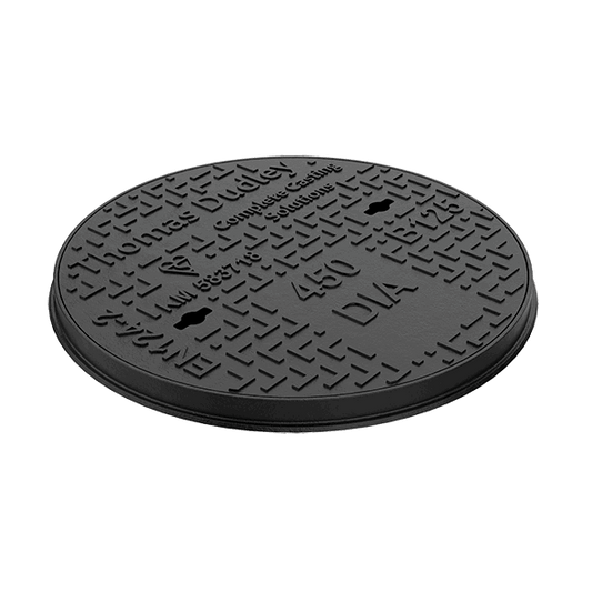 This manhole cover is made from ductile iron, capable of withstanding a 12.5 tonnes test load. These manhole covers are for use in pedestrian areas, driveways or car parks.

It provides easy access to inspection chambers for maintenance purposes. Medium-duty loading bearing capacity (B125).

Complies fully with BS EN 124-2:2015