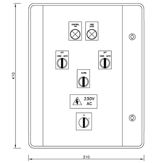 The Dual Pump Control Panel (1 Phase) ensures reliable monitoring and operation of two pumps, alerting you to high water levels and pump failures with clear visual indicators.