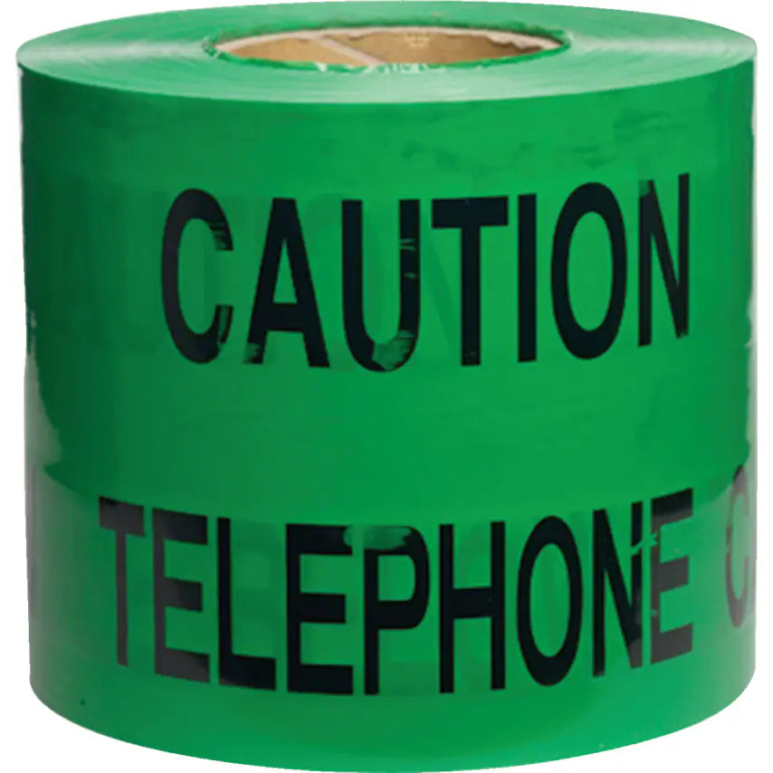 High visibility green tape with warning printed in black. This is used for identifying telecoms systems.