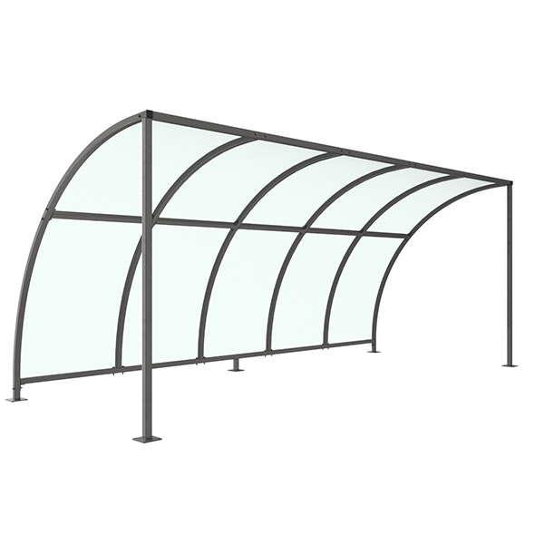 This Leyton Bicycle Shelter offers a highly cost-effective solution for cycle storage in commercial applications. Constructed from galvanised mild steel, this cycle shelter is available in sizes ranging from 1 metre to 5 metres, with additional extension bays available, also in these sizes. View extension bays here.

Complete with a 4mm PETG clear sheet curved roof.