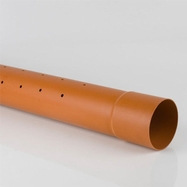 Important Note: For illustration purposes only—this product comes with slotted perforations, not holes as depicted in the image.

This underground, perforated drain pipe has an outside diameter of 110mm and is 6 metres in length. It is designed for both sewage treatment plant or septic tank soakaway use.