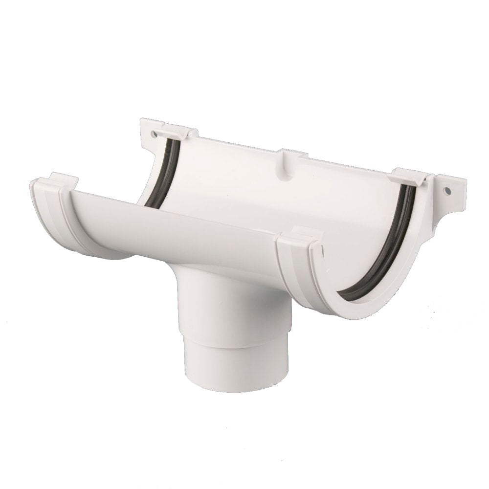 Running Outlet for the Brett Martin Roundstyle uPVC high-capacity domestic guttering system. Connects 112mm round-style gutter to 68mm downpipe.

Available in: Black, Grey, White, Brown, Arctic White and Anthracite Grey.

Compatible with 112mm Roundstyle gutter and 68mm downpipe
Timeless style products look smart on all kinds of domestic property
uPVC system offers a durable guttering solution
Fully tested for accelerated ageing according to BS EN 607:2004
Loading capabilities in line with BS EN 1462:2004
