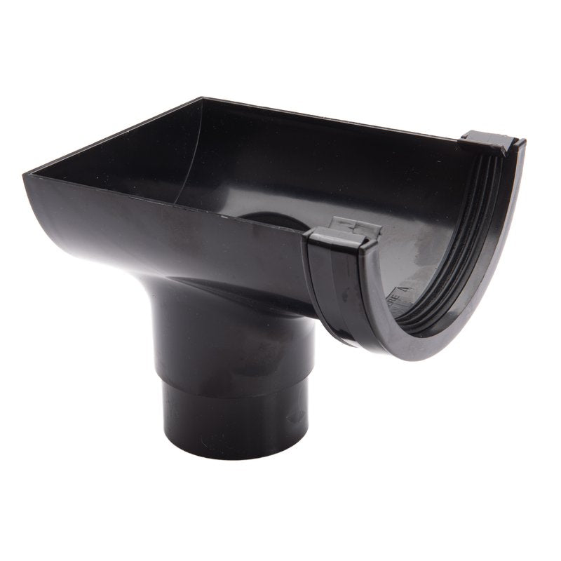 A stopend outlet to connect an end piece of 112mm Roundstyle uPVC gutter to 68mm round downpipe.

Available in: Black, Grey, White, Brown, Arctic White and Anthracite Grey.