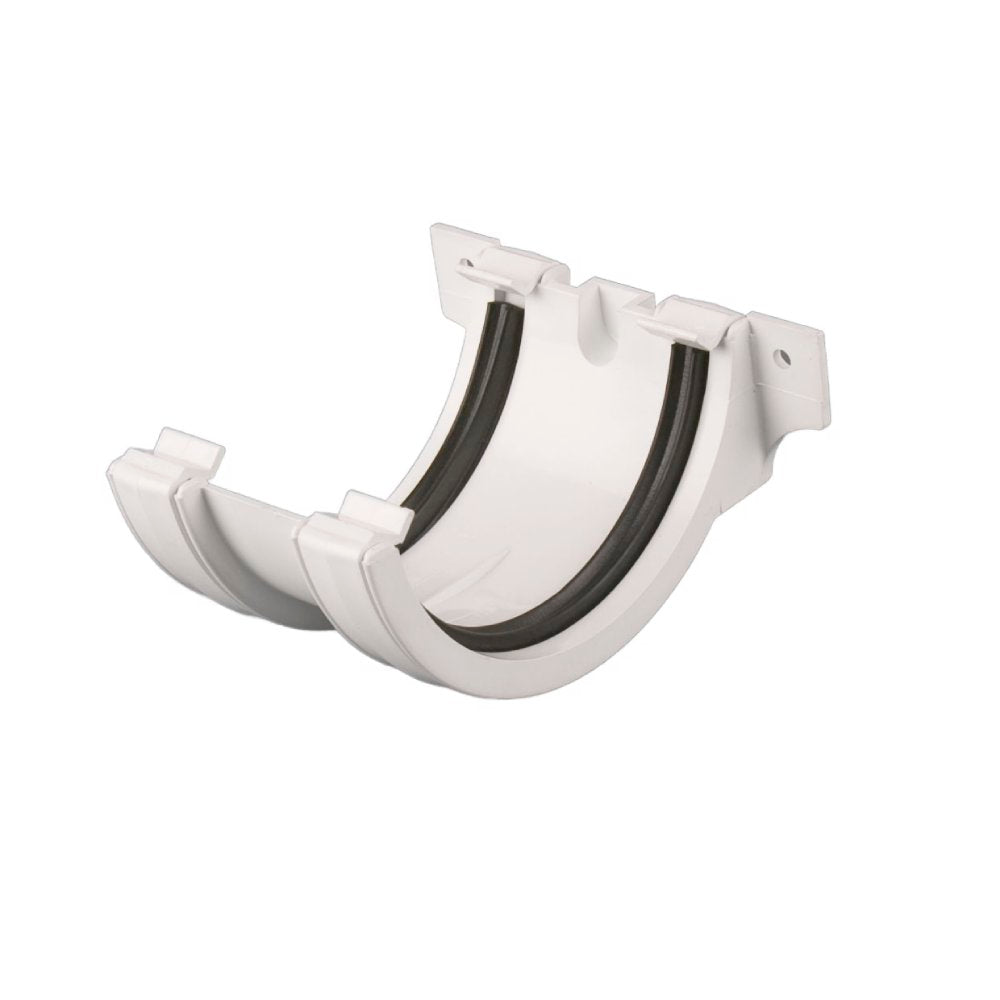 Union bracket for connecting two pieces of 112mm Roundstyle gutter. Manufactured by Brett Martin.

Available in: Black, Grey, White, Brown, Arctic White and Anthracite Grey.

Component part of 112mm Roundstyle gutter system
uPVC material offers a durable solution for domestic installations
Fully tested for accelerated ageing according to BS EN 607:2004
Loading capabilities in line with BS EN 1462:2004
High quality product certified by BS EN ISO 9001:2015