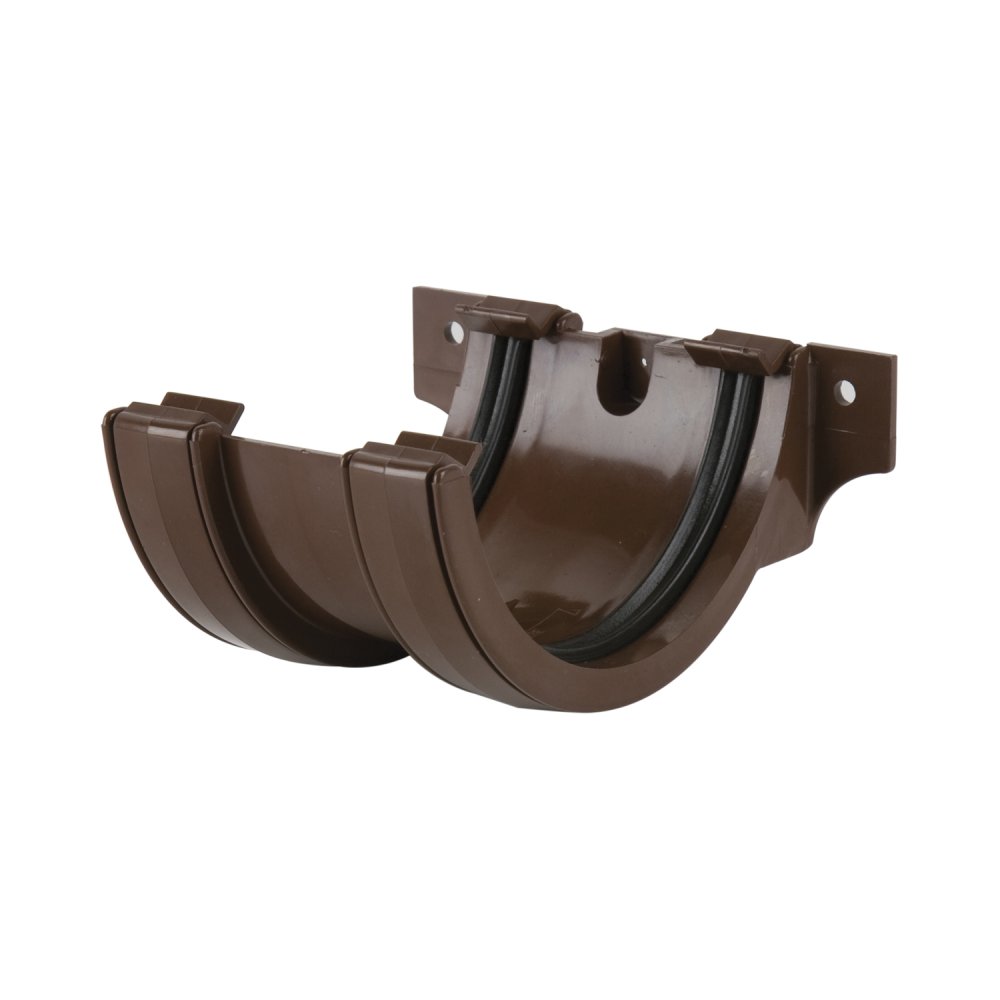 Union bracket for connecting two pieces of 112mm Roundstyle gutter. Manufactured by Brett Martin.

Available in: Black, Grey, White, Brown, Arctic White and Anthracite Grey.

Component part of 112mm Roundstyle gutter system
uPVC material offers a durable solution for domestic installations
Fully tested for accelerated ageing according to BS EN 607:2004
Loading capabilities in line with BS EN 1462:2004
High quality product certified by BS EN ISO 9001:2015