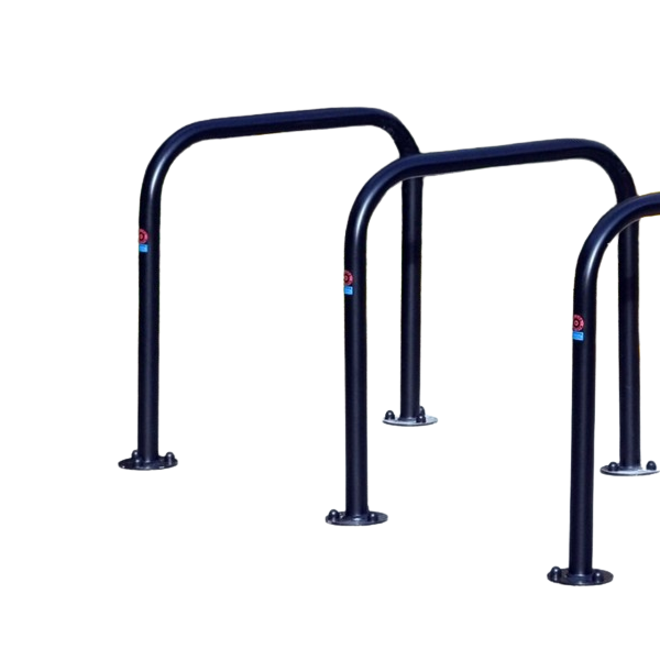 This Sheffield Cycle Stand is made from mild galvanised steel, with a black coated finish. Available in both concrete in and bolt down fixtures, this cycle stand can be used in many different applications. These include transport hubs, public parks, workplaces and schools.

Its innovative tubular design allows bikes to be secured by the frame, wheels and forks. The 48mm diameter tube size allows for most bike locks to be fitted with ease.